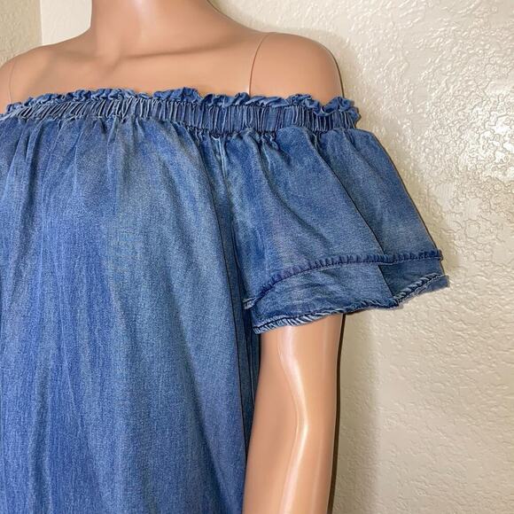 She + Sky Flutter Sleeve Woven Chambray Dress off shoulder 100% Tensel SZ M - Picture 3 of 10